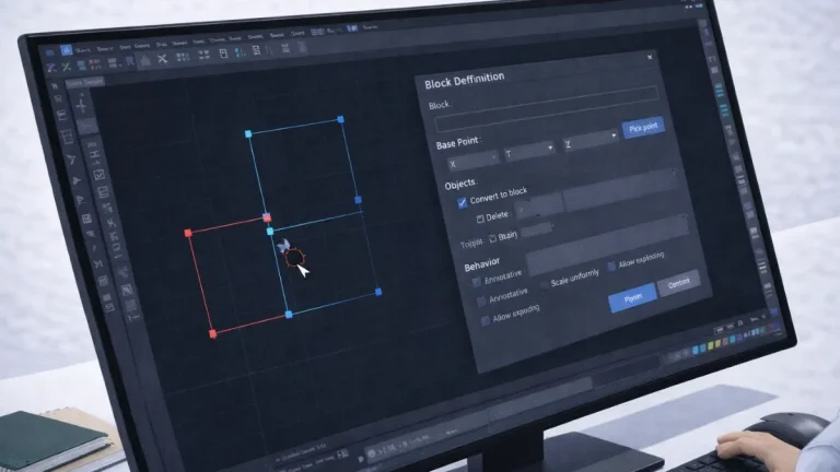 bloco no autocad sendo criado a partir de objetos selecionados, com definição de ponto base no diálogo Block Definition do AutoCAD