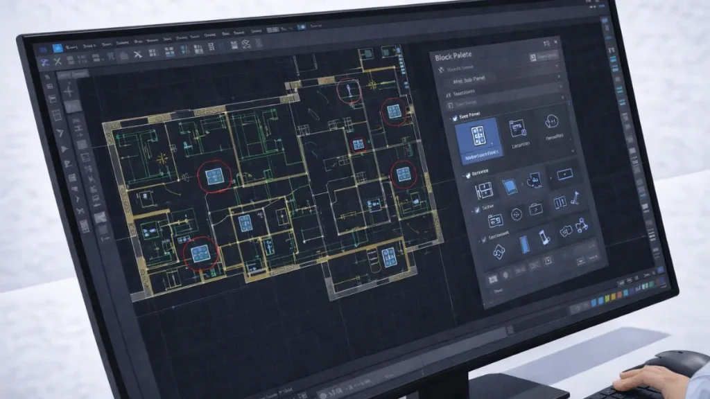 uso eficiente de blocos no autocad em desenho técnico, com múltiplas instâncias aplicadas e paleta de blocos organizada