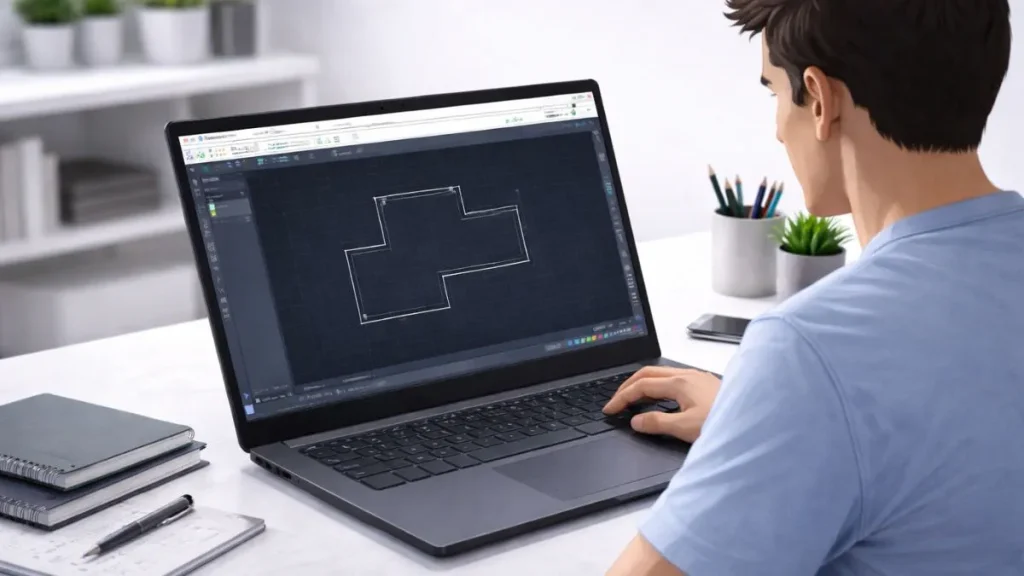 usar autocad web em um notebook, com usuário trabalhando em um desenho 2D no AutoCAD Web diretamente pelo navegador em ambiente profissional