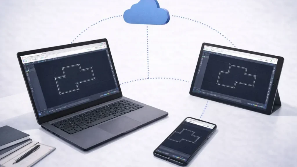 autocad web sincronizado em múltiplos dispositivos, mostrando acesso ao mesmo desenho em notebook, tablet e smartphone pela nuvem