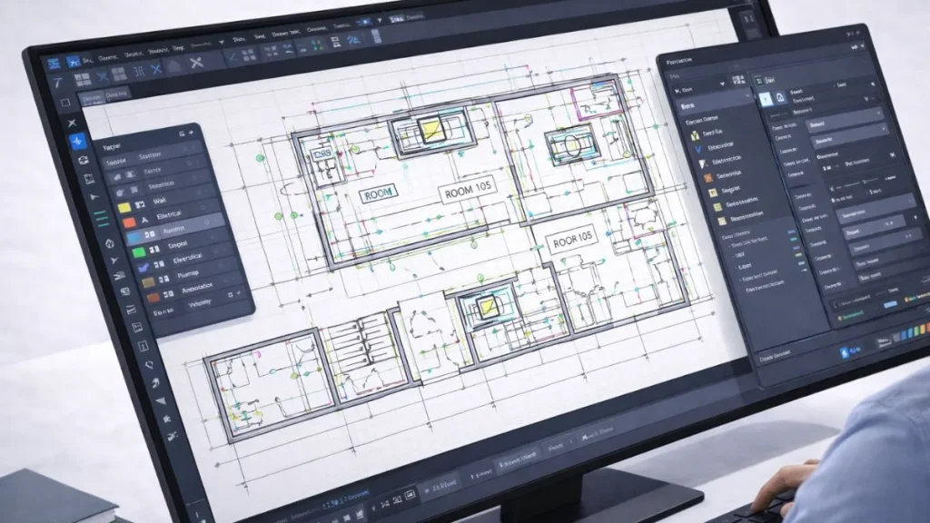 interface do autocad com ferramentas 2d otimizadas, como layers, blocos, snaps e estilos de anotação aplicados a desenho técnico complexo