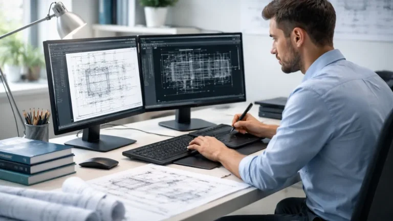Autocad para estudantes engenharia em ambiente profissional, mostrando um engenheiro utilizando o software em um escritório moderno com desenho técnico detalhado exibido na tela.