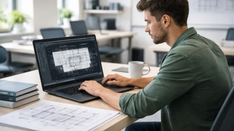 Autocad educacional acesso para estudantes de arquitetura e engenharia, mostrando um aluno utilizando o software em um laboratório universitário moderno com desenho técnico na tela.