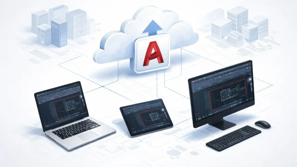 Arquitetura de sistema em nuvem do AutoCAD Online ilustrando fluxo de trabalho conectado entre notebook, tablet e computador desktop.