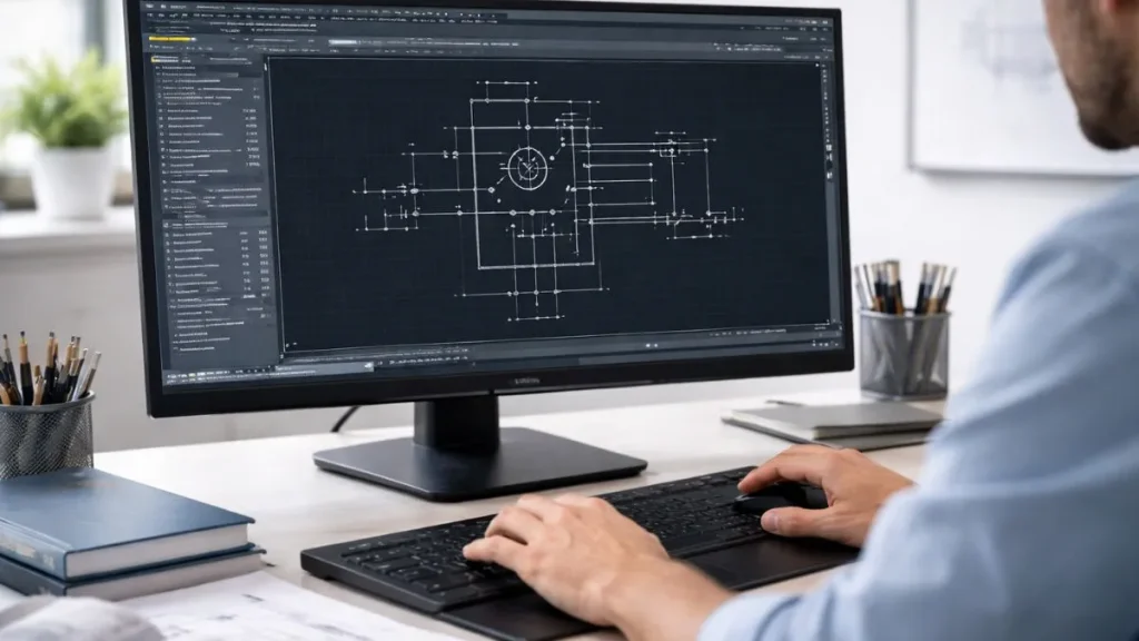 Criar bloco técnico autocad em ambiente profissional, mostrando um especialista trabalhando em um computador desktop com o AutoCAD aberto e um bloco técnico sendo editado na tela.