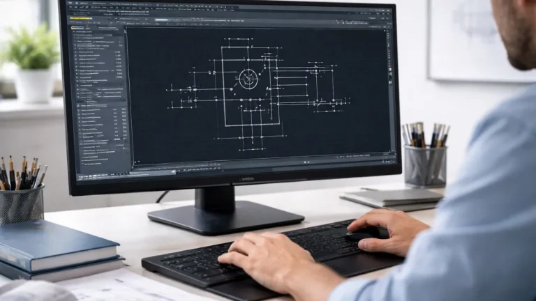 Criar bloco técnico autocad em ambiente profissional, mostrando um especialista trabalhando em um computador desktop com o AutoCAD aberto e um bloco técnico sendo editado na tela.