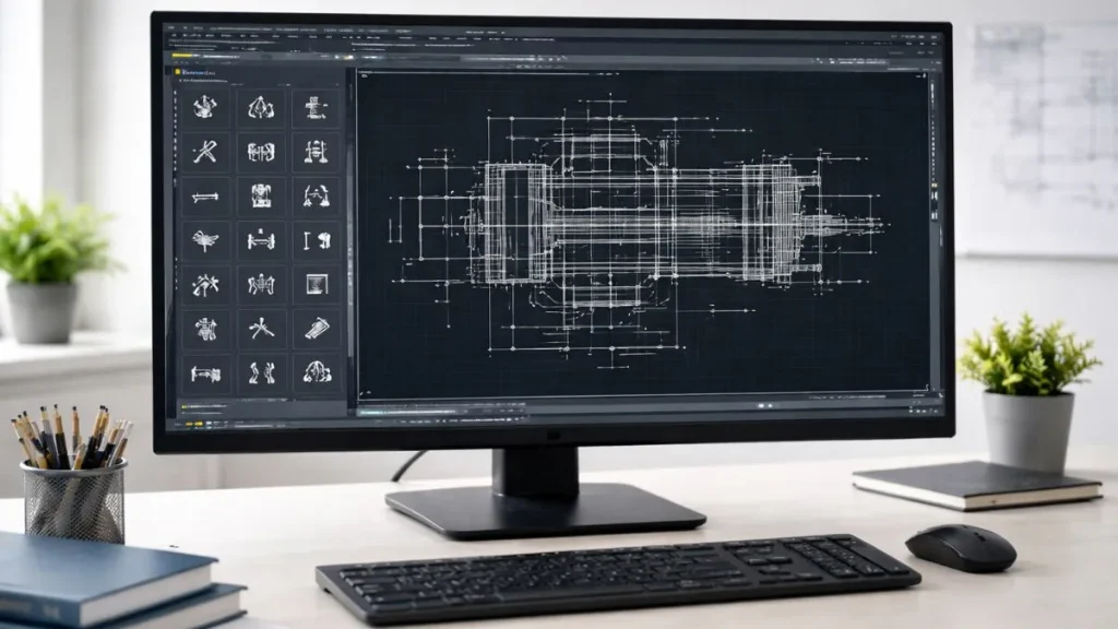 Interface do AutoCAD exibindo biblioteca de blocos e desenho técnico em andamento em um ambiente de trabalho minimalista.