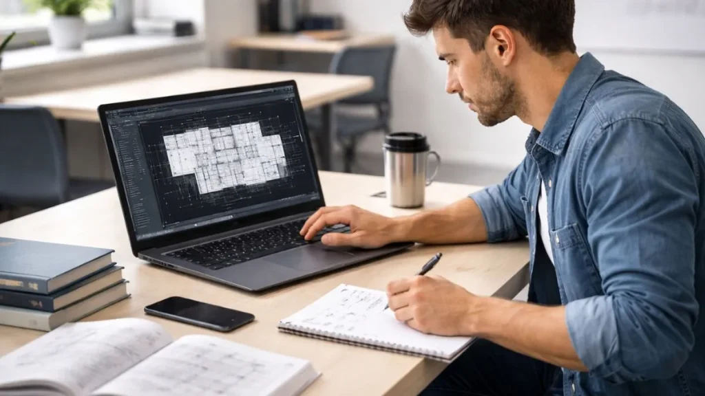 Guia autocad estudantes mostrando um universitário utilizando o AutoCAD no laptop enquanto faz anotações, em um ambiente de estudo moderno e bem iluminado.