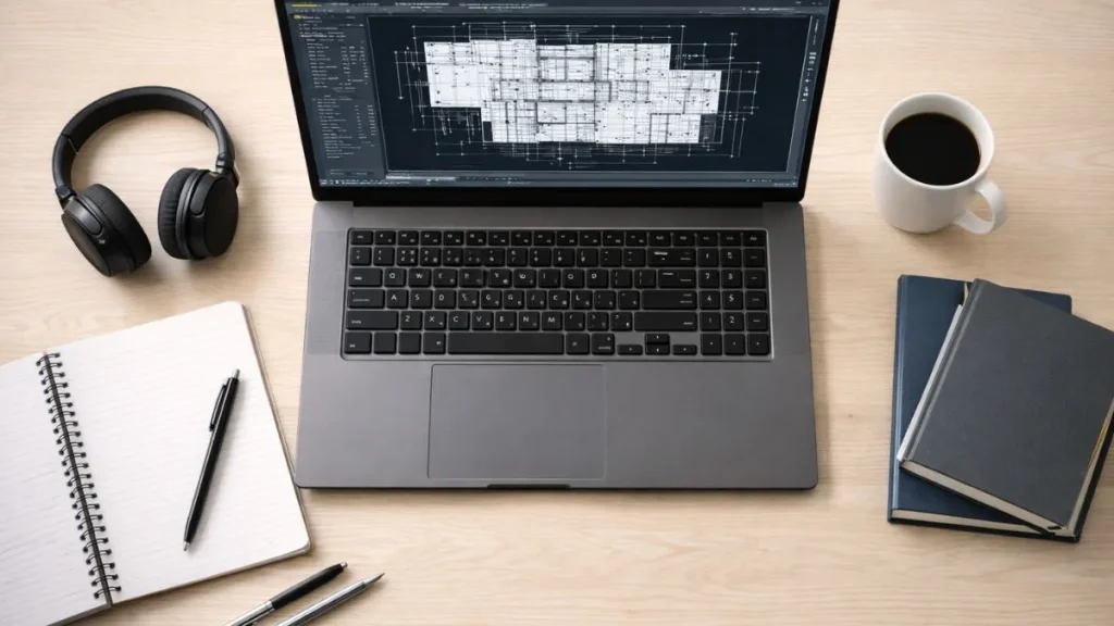 Mesa de estudos vista de cima com laptop exibindo o AutoCAD, caderno, fones de ouvido e café em um ambiente minimalista.