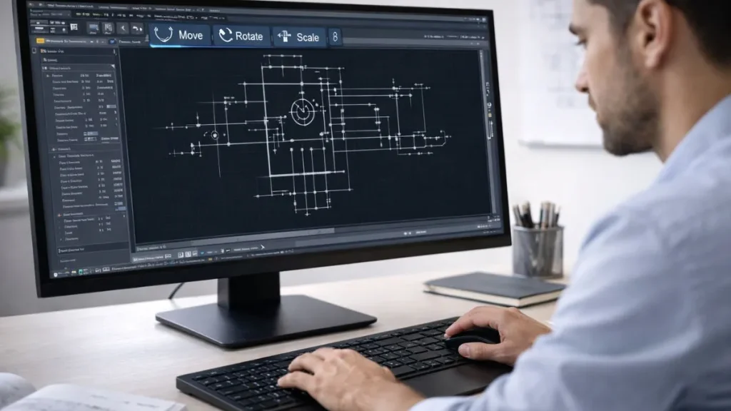 Comandos modificação autocad aplicados por um profissional de CAD em um monitor amplo, mostrando o uso de ferramentas como mover, rotacionar e escalar em um desenho técnico.