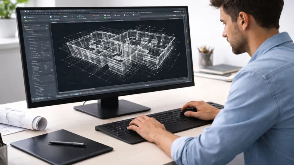 Novidades autocad 2026 em uso por arquiteto ou engenheiro, mostrando a interface atualizada do software em um monitor widescreen com desenho técnico em 2D ou 3D.