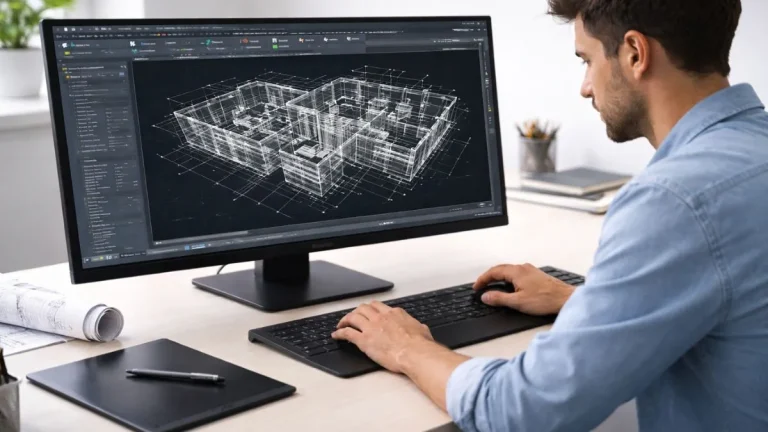 Novidades do autocad 2026 em uso por arquiteto ou engenheiro, mostrando a interface atualizada do software em um monitor widescreen com desenho técnico em 2D ou 3D.