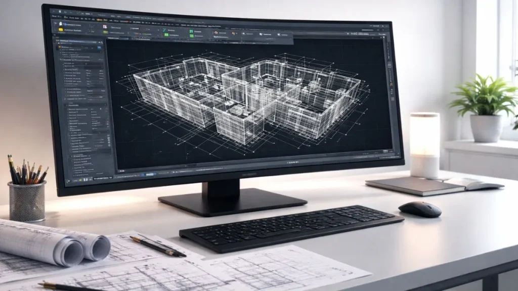 Estação de trabalho futurista com monitor curvo exibindo a interface do AutoCAD 2026 e ferramentas atualizadas.