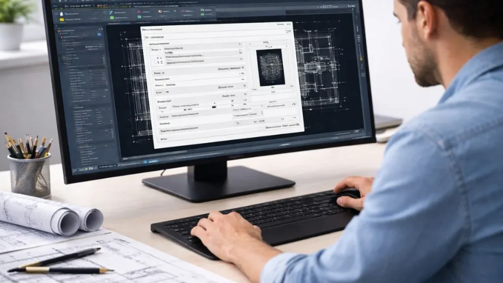 Plotagem no AutoCAD 2026 sendo configurada por um profissional de CAD, com a janela de plot exibindo escala, estilo de plotagem CTB e visualização do layout.