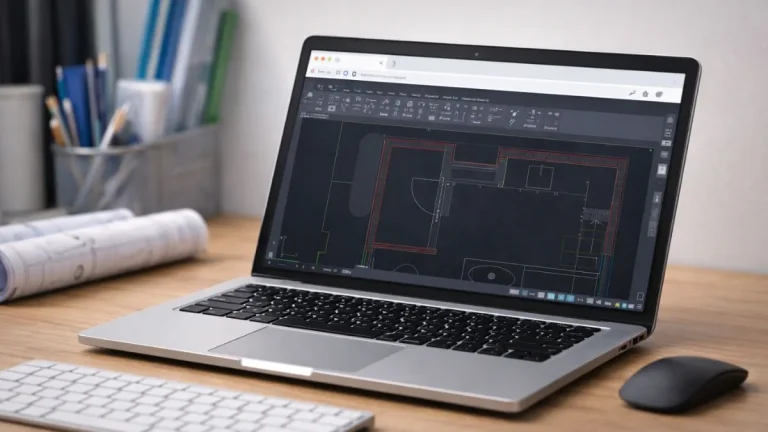 como usar autocad web em um notebook com a interface do AutoCAD baseada em navegador, exibindo ferramentas simplificadas, planta técnica em 2D e ambiente de trabalho limpo e minimalista.