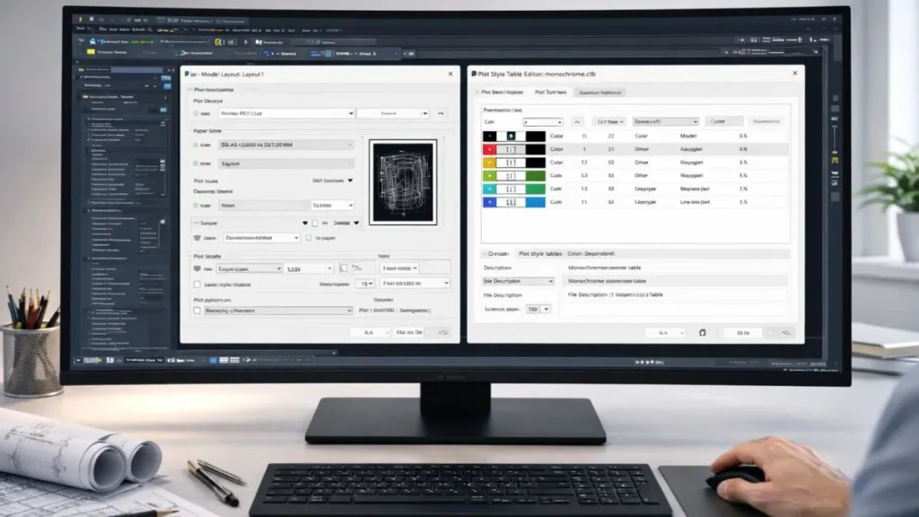 Interface do AutoCAD exibindo a janela de plotagem e o editor de estilos de plotagem CTB em um ambiente técnico minimalista.