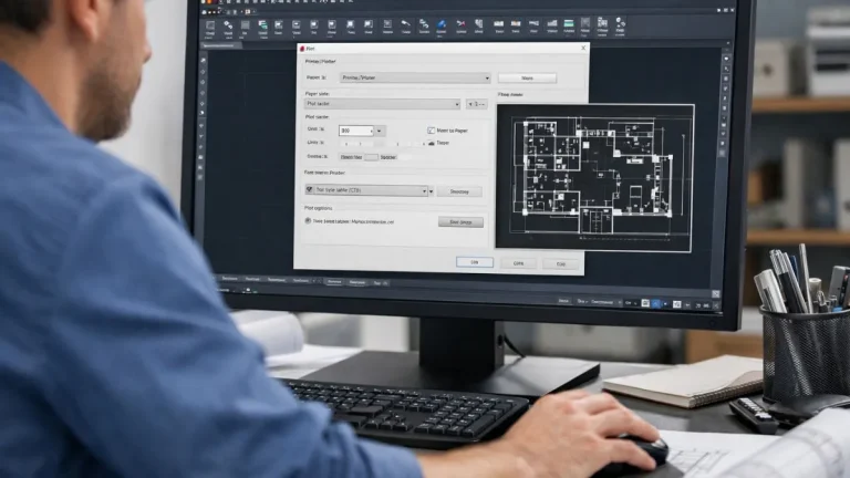 Planta baixa técnica AutoCAD sendo desenvolvida por arquiteto ou engenheiro em um monitor desktop, com paredes, portas e layout de ambientes desenhados com precisão.