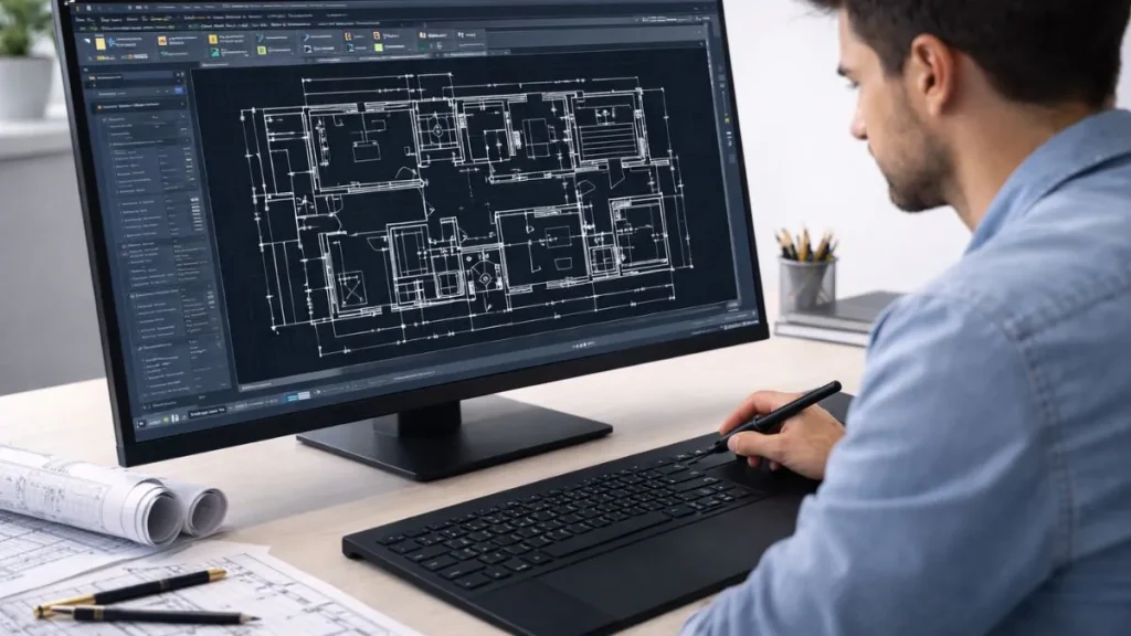 Desenho de planta baixa técnica em 2D no AutoCAD exibido em monitor widescreen com layout arquitetônico completo.