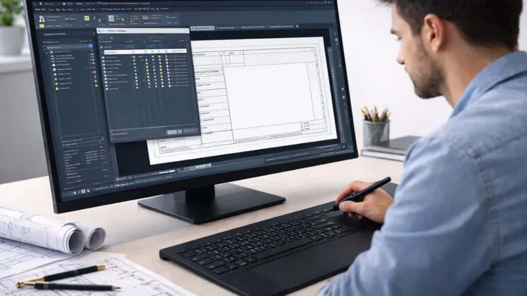 Etapas projeto AutoCAD sendo configuradas por um profissional de CAD, com criação de camadas, definição de layout e preparação do desenho base no software.