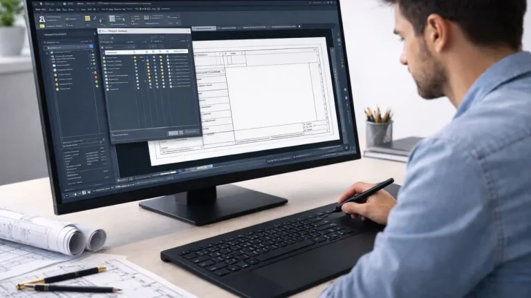 Etapas de projeto AutoCAD sendo configuradas por um profissional de CAD, com criação de camadas, definição de layout e preparação do desenho base no software.
