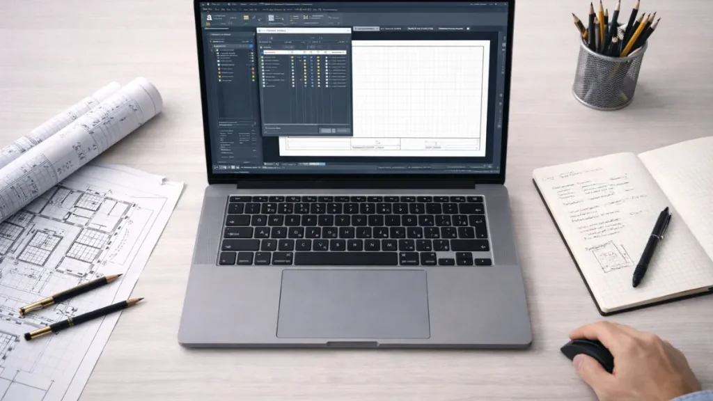 Mesa de trabalho vista de cima com AutoCAD aberto em um novo projeto, exibindo layout em branco, camadas e materiais técnicos organizados.
