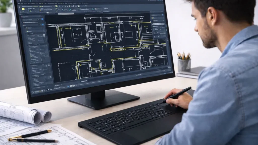 Offset no AutoCAD explicação aplicada por um profissional de CAD ao criar linhas paralelas em uma planta baixa técnica, com visualização de prévia em linhas amarelas.