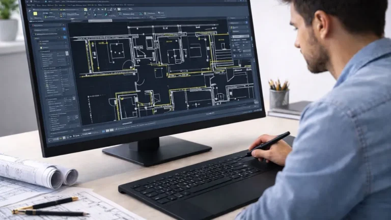Offset no AutoCAD explicação aplicada por um profissional de CAD ao criar linhas paralelas em uma planta baixa técnica, com visualização de prévia em linhas amarelas.