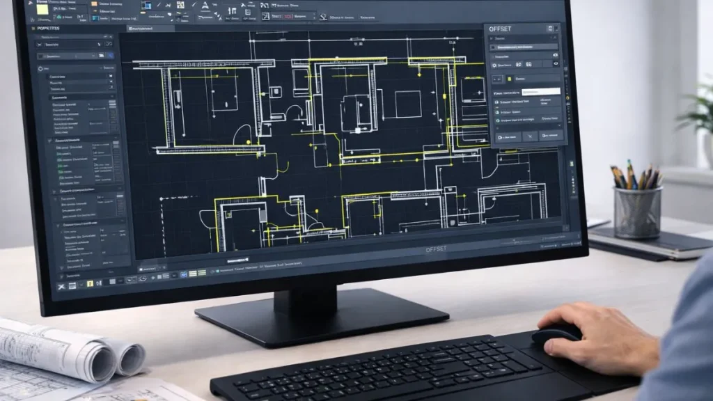 Interface do AutoCAD com a ferramenta OFFSET ativa, exibindo linhas paralelas em pré-visualização sobre um desenho arquitetônico 2D.