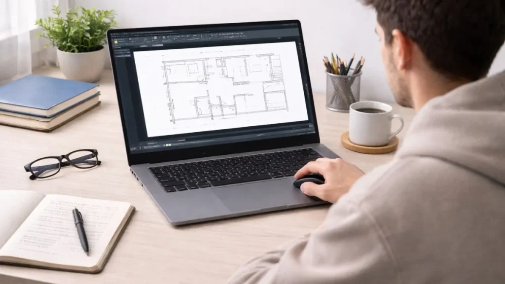Notebook de entrada para AutoCAD sendo utilizado por um estudante, com o software aberto em um laptop básico exibindo um desenho técnico 2D de forma fluida.