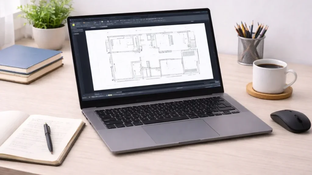 Notebook básico executando o AutoCAD com um desenho técnico 2D em um ambiente de trabalho limpo e minimalista.