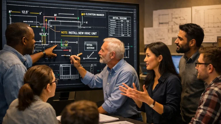 Anotações no AutoCAD sendo analisadas por equipe técnica em tela com multilíderes, cotas e detalhes de projeto