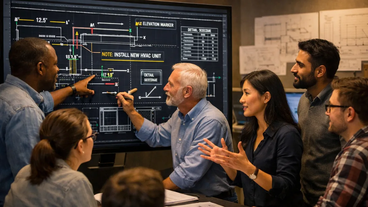 Anotações no AutoCAD sendo analisadas por equipe técnica em tela com multilíderes, cotas e detalhes de projeto