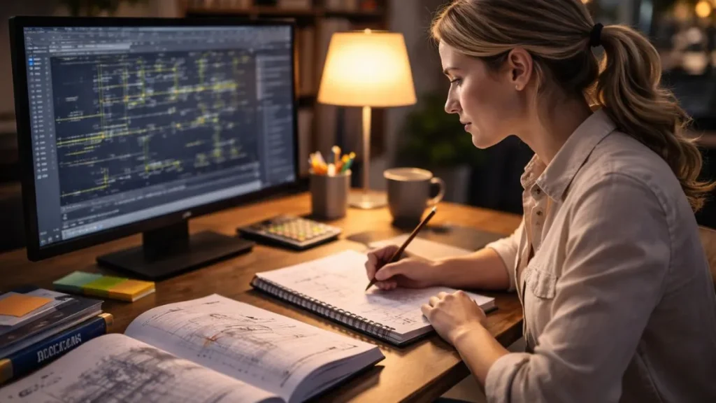 Estudante se preparando para a prova de certificação Autodesk com materiais e AutoCAD aberto