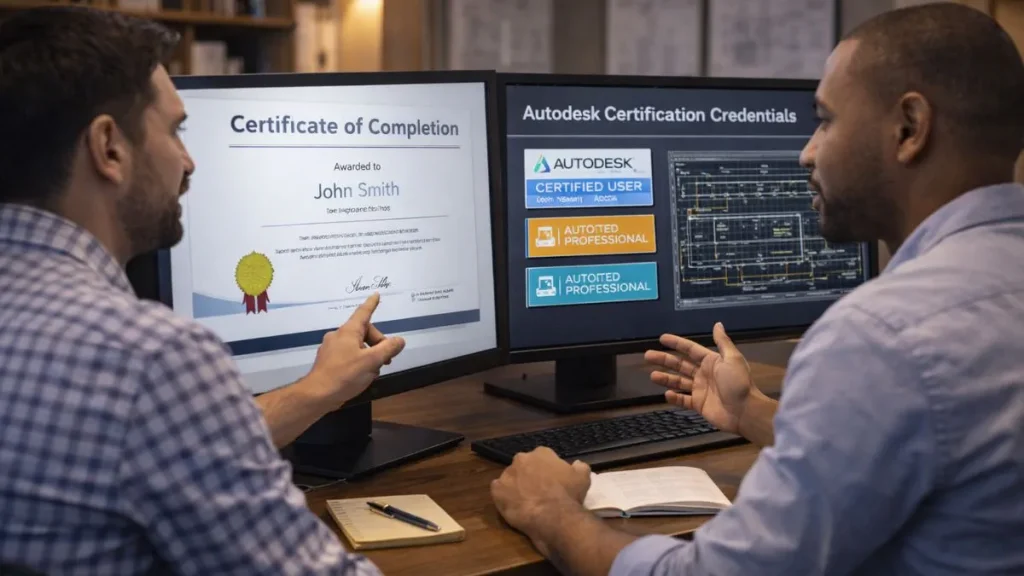 Certificações Autodesk com destaque visual para as diferenças entre certificado de participação e certificação oficial reconhecida