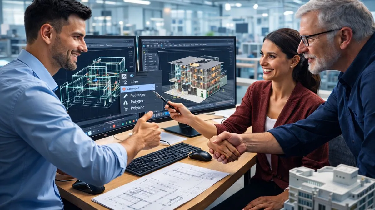 comandos do  AutoCAD de  criação no AutoCAD sendo utilizados por arquitetos e engenheiros em ambiente profissional, com modelos 3D e desenhos técnicos exibidos em monitores CAD