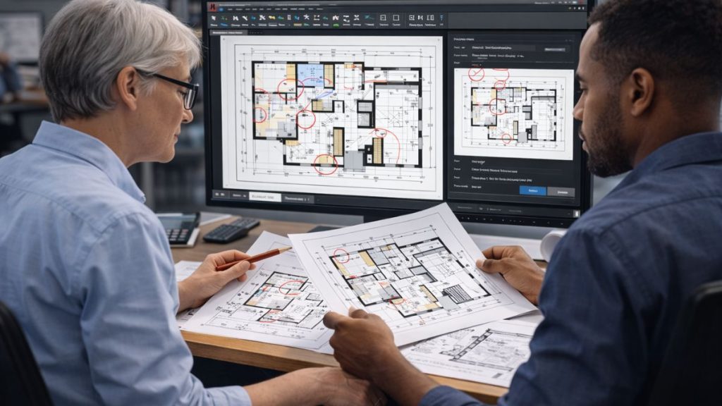 Profissionais revisando um projeto no AutoCAD para identificar erros visuais, sobreposição de linhas e problemas de escala antes da plotagem.