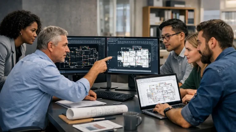 esquema de cores no AutoCAD aplicado em ambiente corporativo com equipe técnica analisando projetos