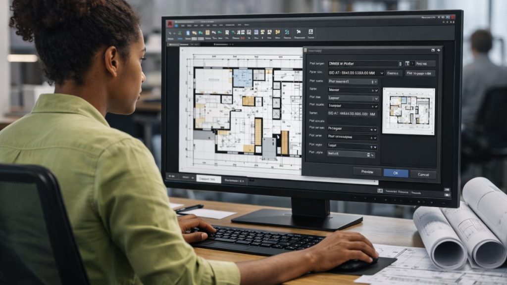 Profissional utilizando o comando PLOT no AutoCAD para configurar parâmetros de impressão e visualizar a prévia do desenho técnico.