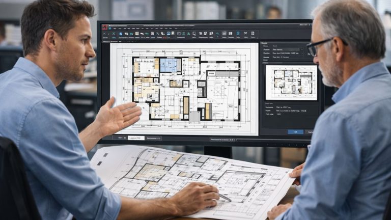 Plotagem Profissional no AutoCAD com Profissionais revisando escalas, espessuras de linha e organização do layout no AutoCAD antes da impressão do projeto técnico.