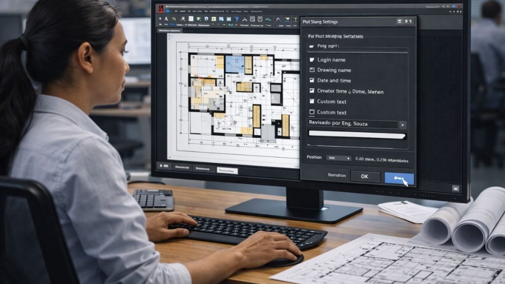 Profissional utilizando recursos avançados de plotagem no AutoCAD, ajustando configurações detalhadas de impressão para projetos técnicos complexos.