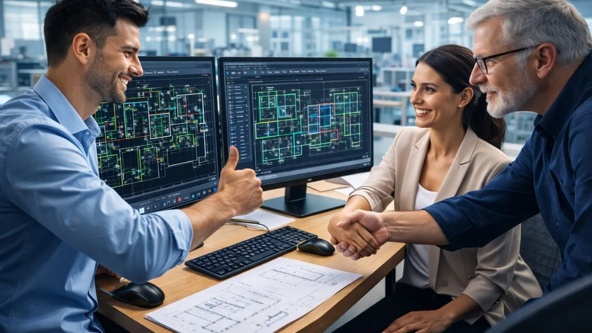 encerramento prático dominando os comandos do AutoCAD com eficiência, mostrando profissionais consolidando conhecimentos e validando resultados em projetos técnicos concluídos