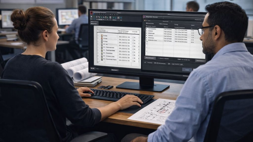 Profissionais utilizando o recurso de impressão em lote (Batch Plot) no AutoCAD para plotar múltiplos layouts de um projeto técnico.