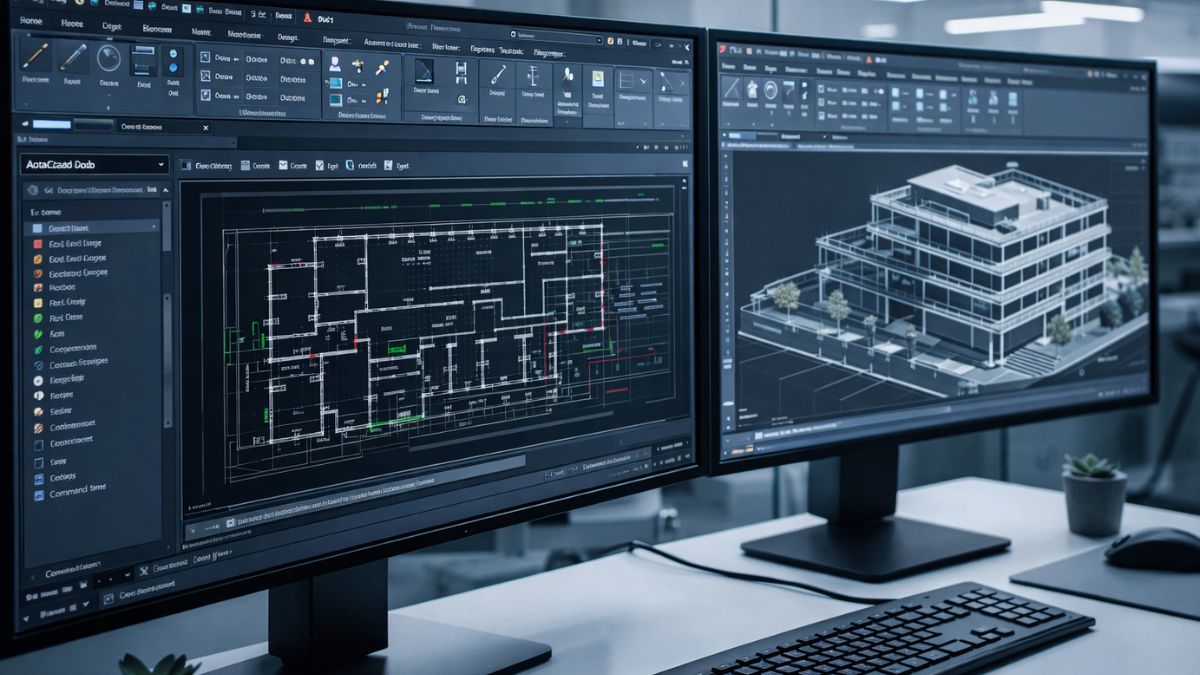 AutoCAD exibindo interface com menus, faixa de opções e ambientes de projeto técnico em monitores profissionais