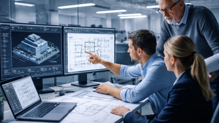 AutoCAD em uso por engenheiros e arquitetos analisando projeto técnico em monitores com desenho CAD em ambiente profissional