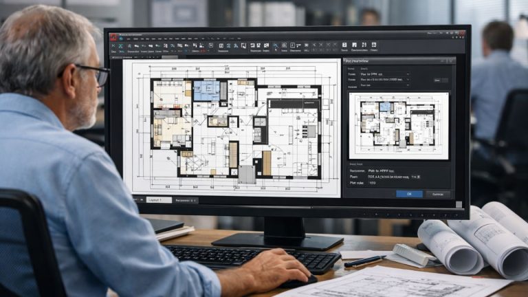 Plotagem no AutoCAD mostrando profissional configurando layout e visualizando prévia de impressão técnica em ambiente de projeto profissional.