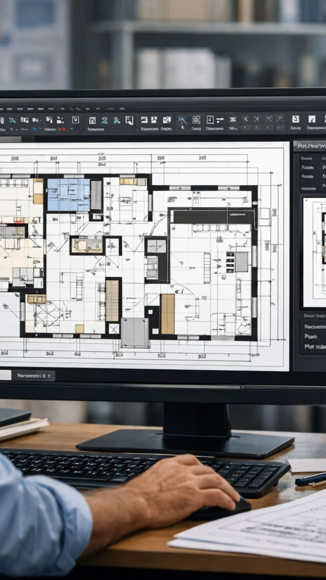 Precisão Gráfica AutoCAD com Profissional utilizando o AutoCAD para ajustar a plotagem de um projeto técnico antes da impressão final.