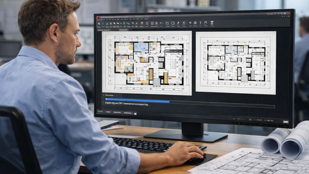 Profissional exportando um projeto do AutoCAD para PDF, comparando o layout original com a prévia de impressão para garantir precisão gráfica.