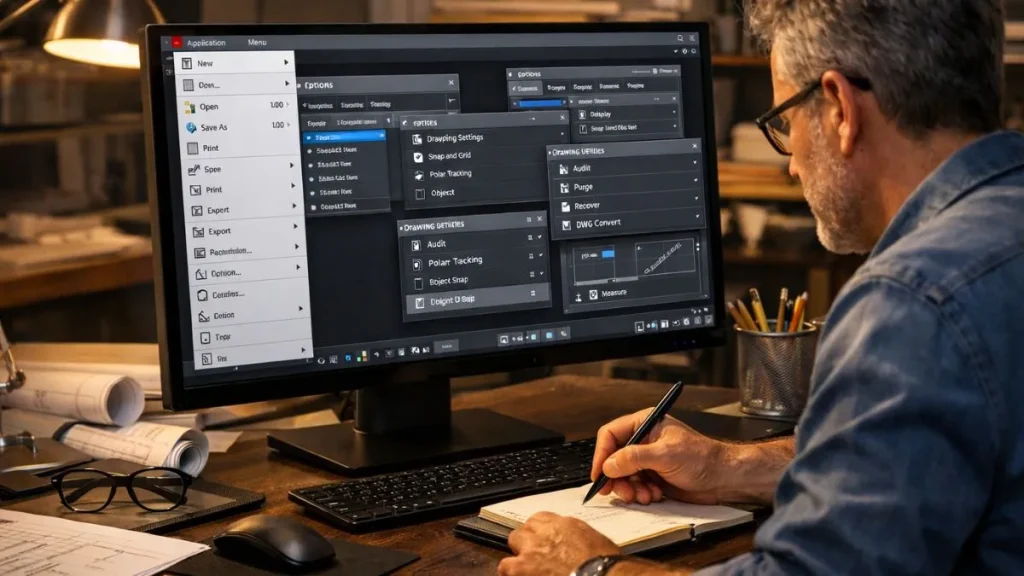Menu de Aplicação do AutoCAD exibido com acesso às opções, utilitários e configurações do sistema, enquanto um projetista técnico trabalha em um ambiente profissional e analisa ajustes do software