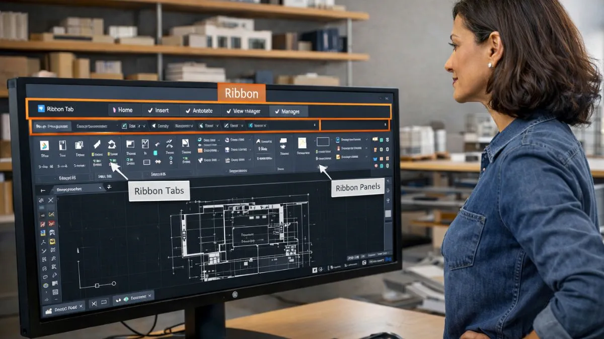 Faixa de Opções do AutoCAD exibida na interface do software, apresentando abas e painéis organizados para acesso rápido a comandos de desenho, edição e gerenciamento de projetos técnicos.
