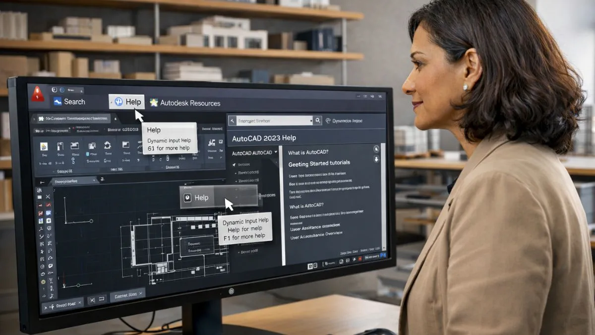 Ajuda no AutoCAD sendo acessada pelo usuário diretamente na interface do software, exibindo recursos de suporte, pesquisa e documentação durante o desenvolvimento de um projeto técnico.
